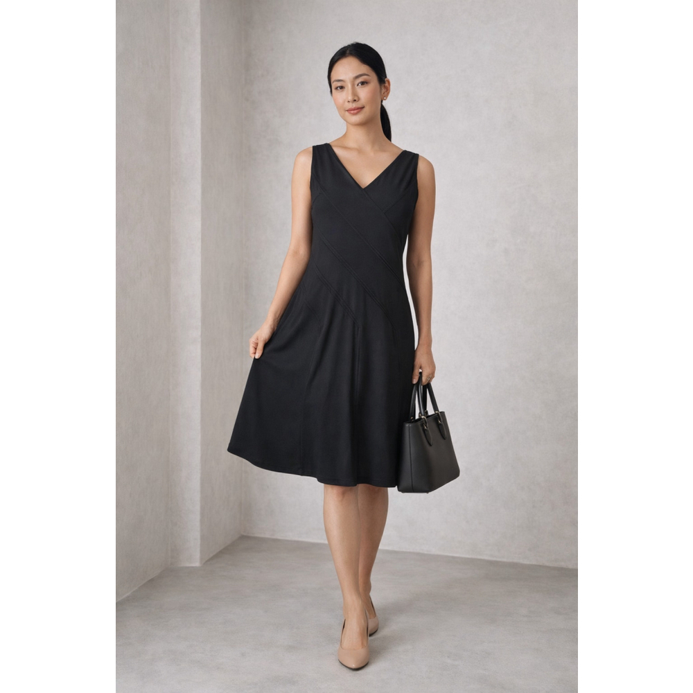 Anne Klein 6 Black Sleeveless V-Neck Midi Dress Fit Flare Work Office Career - Picture 2 of 10